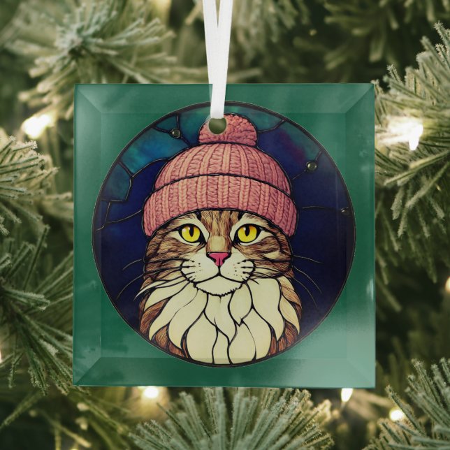 Stained-Glass Christmas Tabby Cat In Pink Cap Glass Tree Decoration (Insitu)