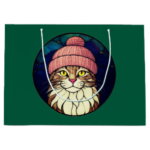 Stained-Glass Christmas Tabby Cat In Pink Cap Large Gift Bag