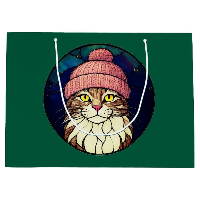 Stained-Glass Christmas Tabby Cat In Pink Cap Large Gift Bag (Front)