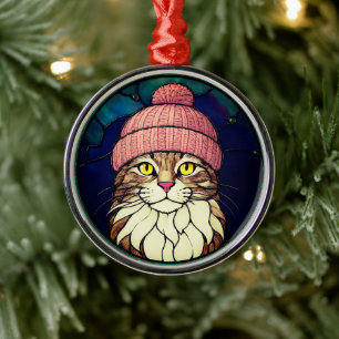 Stained-Glass Christmas Tabby Cat In Pink Cap Metal Tree Decoration