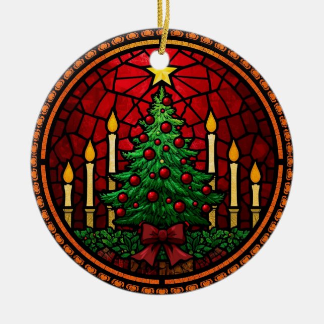 Stained Glass Christmas Tree & Candles Ceramic Tree Decoration (Front)
