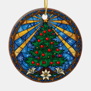Stained Glass Christmas Tree & Lilies Ceramic Tree Decoration