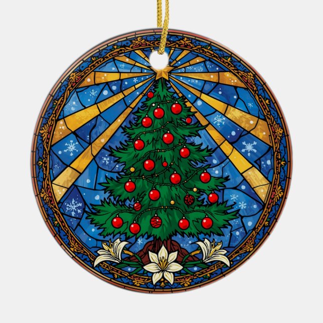 Stained Glass Christmas Tree & Lilies Ceramic Tree Decoration (Front)
