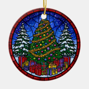 Stained Glass Christmas Tree with Presents Ceramic Tree Decoration