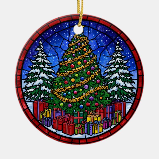 Stained Glass Christmas Tree with Presents Ceramic Tree Decoration (Front)