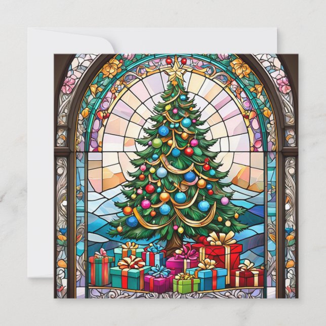 Stained Glass Christmas Tree with Presents Holiday Card (Front)