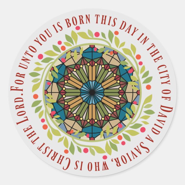 Stained Glass Christmas Wreath Luke 2:11 Verse Classic Round Sticker (Front)