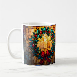 Stained Glass Christmas Wreath Merry & Bright Coffee Mug