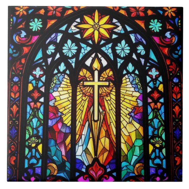 Stained Glass Church Cross Christian Faith Art Tile (Front)