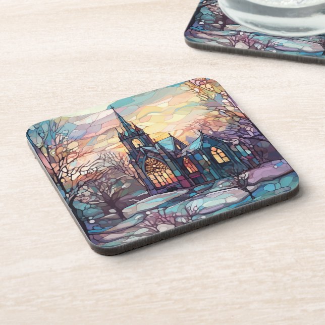 Stained Glass Church Hard plastic coaster (Left Side)