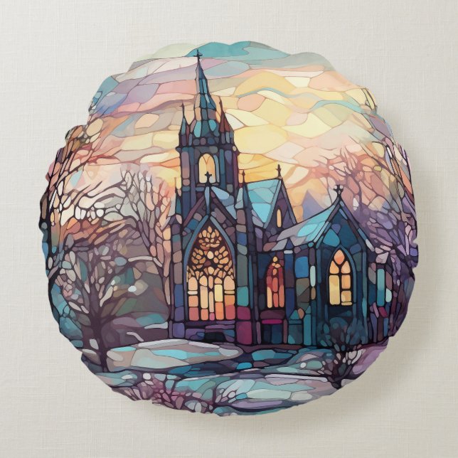Stained Glass Church Round Pillow (Front)