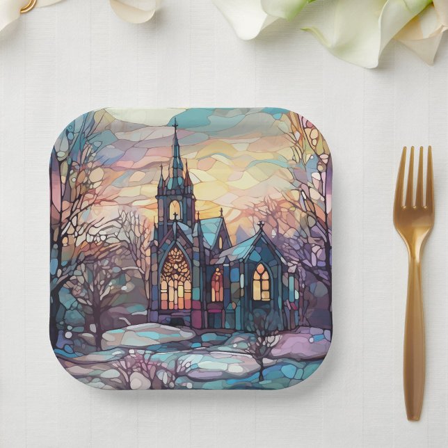 Stained Glass Church Square Paper Plates (Creator Uploaded)