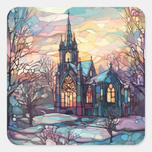 Stained Glass Church Square Stickers
