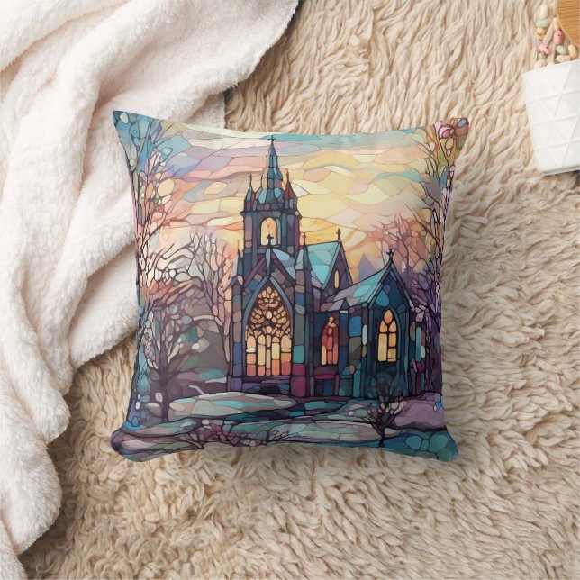 Stained Glass Church Throw Pillow (Blanket)