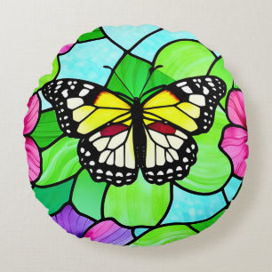 Stained Glass Colorful Butterfly Round Cushion