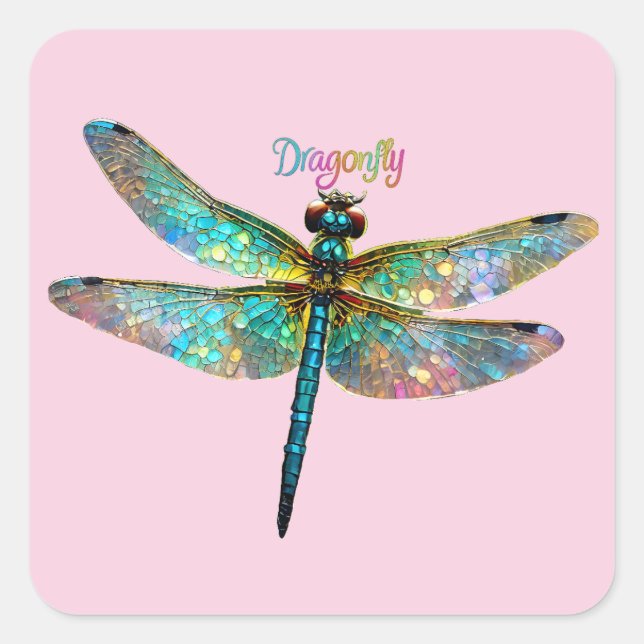 Stained Glass Colorful Dragonfly Square Sticker (Front)