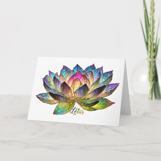 Stained Glass Colorful Lotus Flower on Black Card (Front)