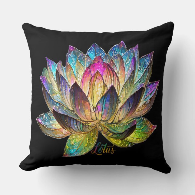 Stained Glass Colorful Lotus Flower on Black Cushion (Front)