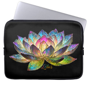 Stained Glass Colorful Lotus Flower on Black Laptop Sleeve