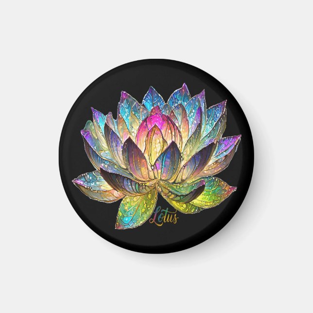 Stained Glass Colorful Lotus Flower on Black Magnet (Front)