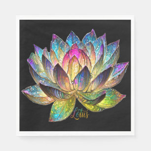 Stained Glass Colorful Lotus Flower on Black Napkin
