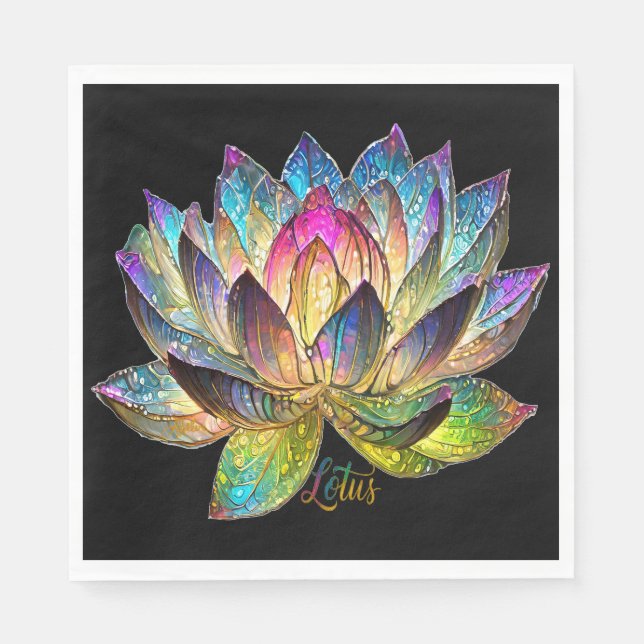 Stained Glass Colorful Lotus Flower on Black Napkin (Front)