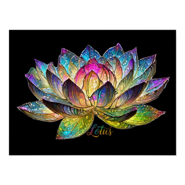 Stained Glass Colorful Lotus Flower on Black Poster (Front)