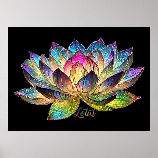 Stained Glass Colorful Lotus Flower on Black Poster (Front)