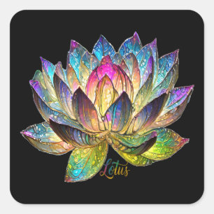 Stained Glass Colorful Lotus Flower on Black Square Sticker