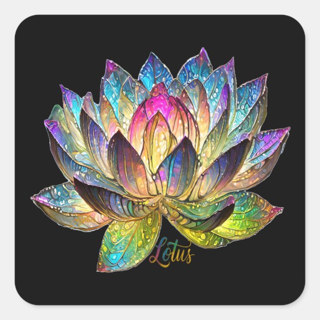 Stained Glass Colorful Lotus Flower on Black Square Sticker (Front)