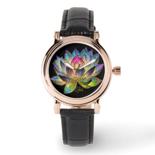 Stained Glass Colorful Lotus Flower on Black Watch