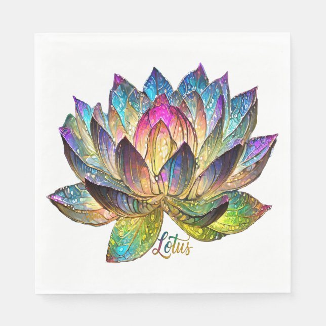 Stained Glass Colorful Lotus Flower on White Napkin (Front)
