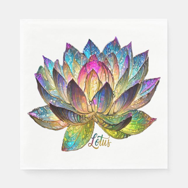 Stained Glass Colorful Lotus Flower on White Napkin (Front)