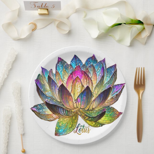 Stained Glass Colorful Lotus Flower on White Paper Plate (Wedding)