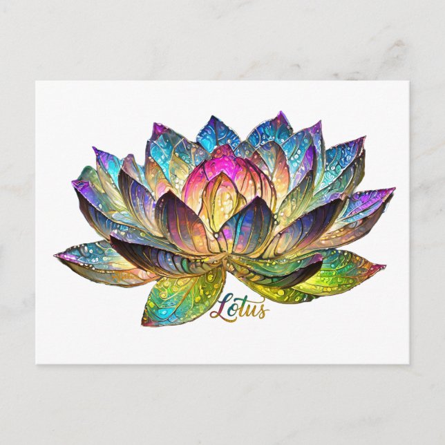 Stained Glass Colorful Lotus Flower on White Postcard (Front)