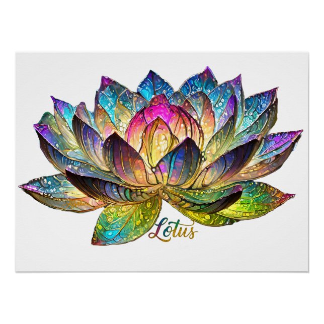 Stained Glass Colorful Lotus Flower on White Poster (Front)