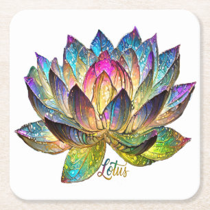 Stained Glass Colorful Lotus Flower on White Square Paper Coaster