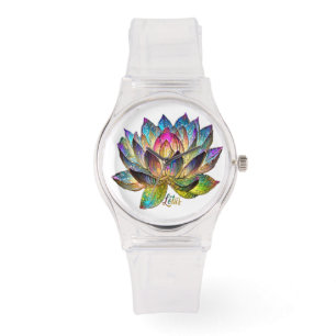 Stained Glass Colorful Lotus Flower on White Watch