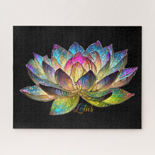 Stained Glass Colourful Lotus Flower on Black Jigsaw Puzzle