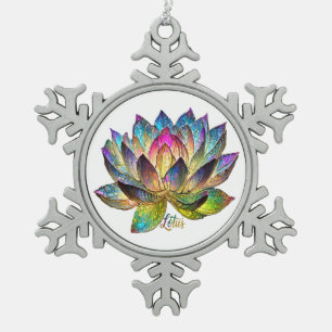 Stained Glass Colourful Lotus Flower on White Snowflake Pewter Christmas Ornament
