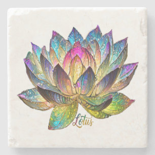 Stained Glass Colourful Lotus Flower on White Stone Coaster
