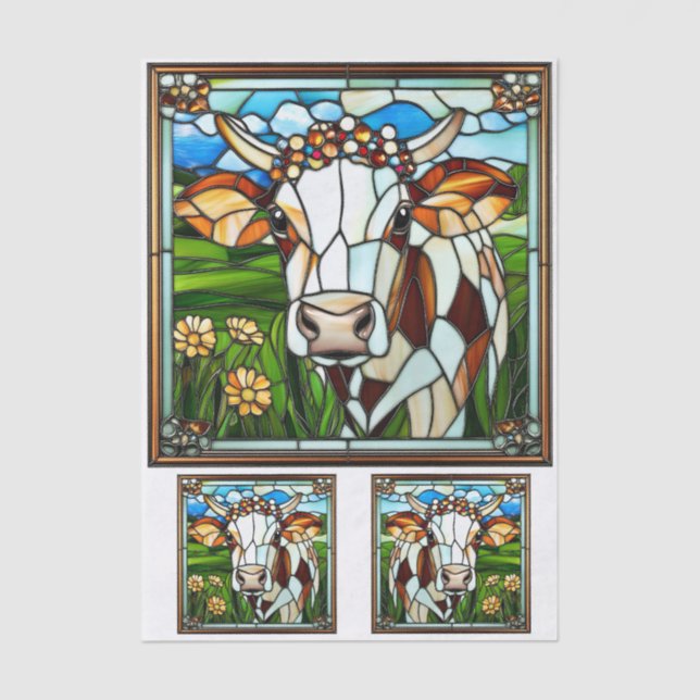Stained Glass Cow with Floral Crown EK9L Decoupage Tissue Paper (Front)