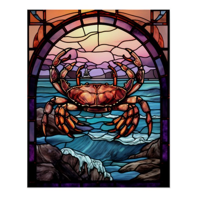 Stained Glass Crab Ocean Sunset Coast Decor Art (Front)