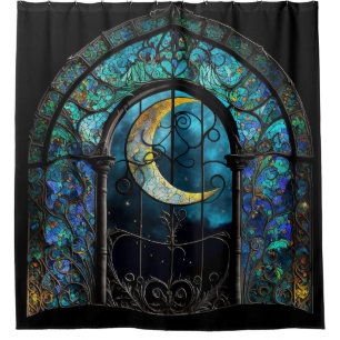 Stained Glass Crescent Moon Shower Curtain