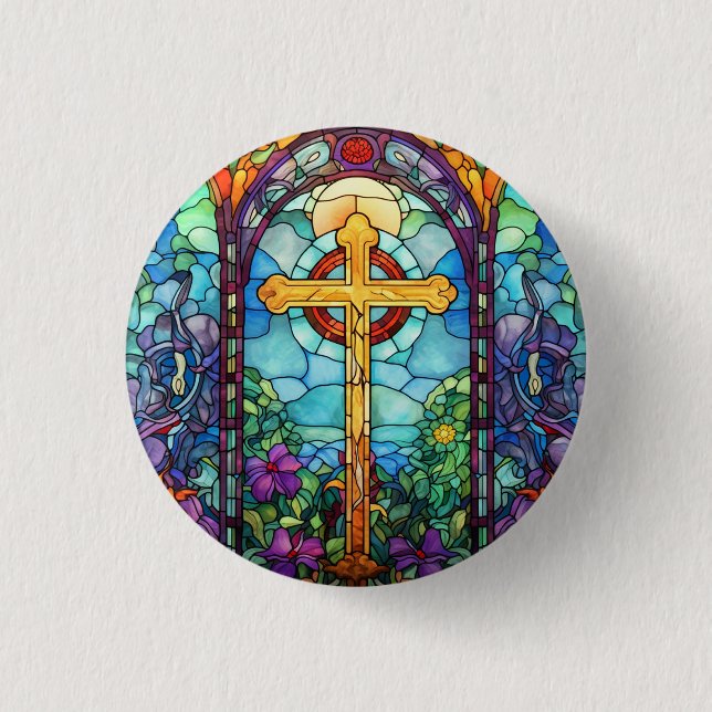 Stained Glass Cross  3 Cm Round Badge (Front)