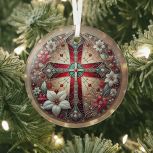 Stained Glass Cross and Poinsettias Glass Tree Decoration