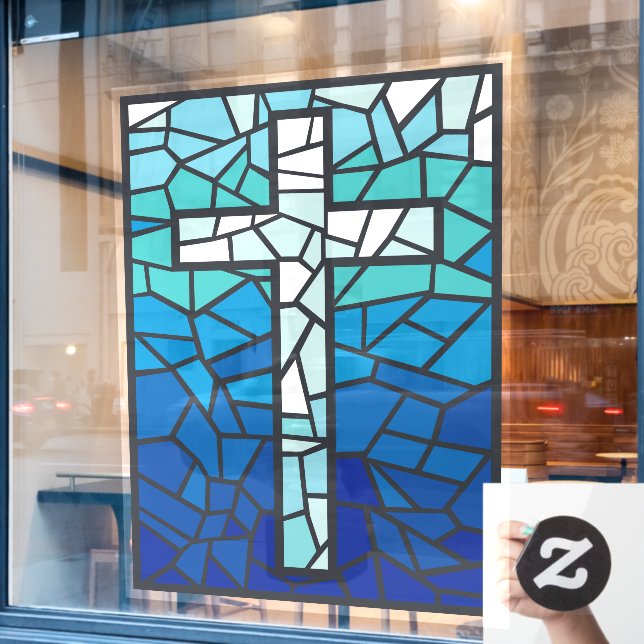 Stained Glass Cross Blue Black White Window Cling (Cafe Window)