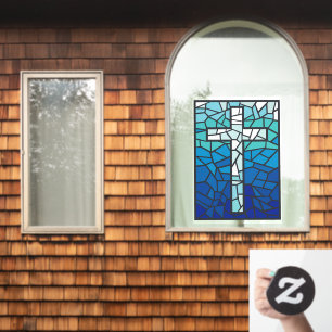 Stained Glass Cross Blue Black White Window Cling