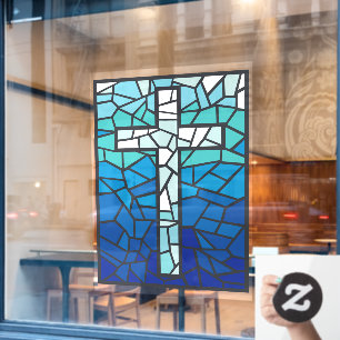 Stained Glass Cross Blue Black White Window Cling