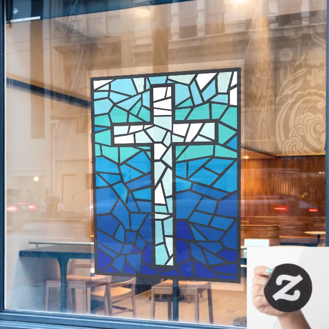 Stained Glass Cross Blue Black White Window Cling (Cafe Window)